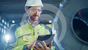 Portrait of Professional Heavy Industry Engineer / Worker Wearing Safety Uniform and Hard Hat Uses