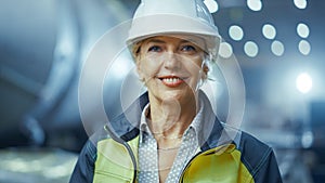 Portrait of Professional Heavy Industry Female Engineer Wearing Safety Uniform and Hard Hat, Smili