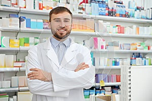 Portrait of professional pharmacist in drugstore