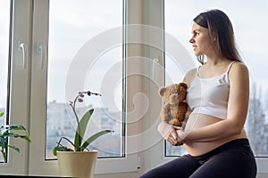 Portrait in profile of beautiful young pregnant woman brunette sitting near panoramic window with toy teddy bear