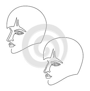 Portrait profile of a beautiful young woman with flowing hair. Continuous line drawing illustration