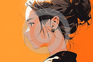 portrait in profile of pretty anime young woman with bun hairstyle on a orange background