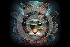 a portrait of a psychedelic cat wearing hat.AI Generative