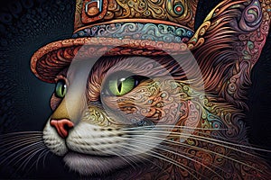 a portrait of a psychedelic cat wearing hat.AI Generative