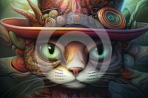 a portrait of a psychedelic cat wearing hat.AI Generative