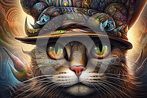 a portrait of a psychedelic cat wearing hat.AI Generative