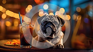 Portrait of pug dog at the outdoor summer holiday resort beach bar - generative AI