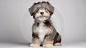 portrait of a puppy Beautiful happy reddish havanese puppy dog is sitting frontal and looking at camera,