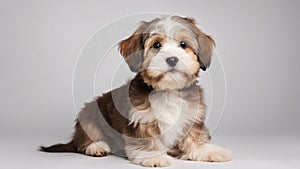 portrait of a puppy Beautiful happy reddish havanese puppy dog is sitting frontal and looking at camera,