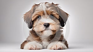 portrait of a puppy Beautiful happy reddish havanese puppy dog is sitting frontal and looking at camera, isolated on white