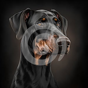 Portrait of a purebred black Doberman dog on a dark background