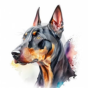 Portrait of a purebred doberman dog. Digital watercolor painting AI generated animal ai