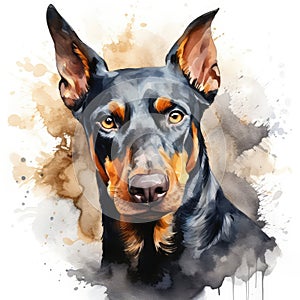 Portrait of a purebred doberman dog. Digital watercolor painting Generative AI Generative AI