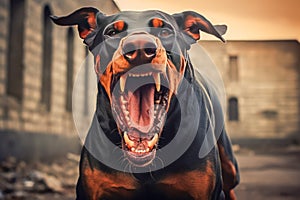Portrait of a purebred doberman dog with open mouth