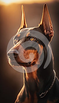 Portrait of a purebred doberman dog in the sunset light