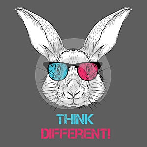 Portrait of the rabbit in the colored glasses. Think different. Vector illustration.
