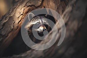 Portrait of a raccoon looking out of a hole in a tree