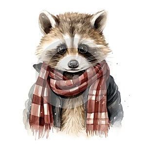 Portrait of a raccoon in a scarf on a white background. Watercolor cartoon illustration