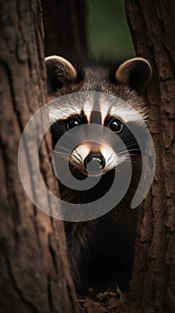 Portrait of a raccoon in a tree. Wildlife animal.