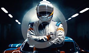 Portrait of racer in protective suit. Helmet wearing race car driver. generative ai