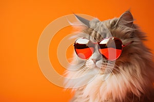 Portrait Ragamuffin Cat With Sunglasses Orange Background