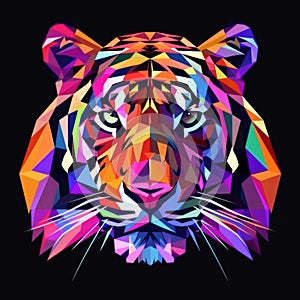 Portrait rainbow tiger black background, polygon design for printing on a T-shirt, mug, notebook
