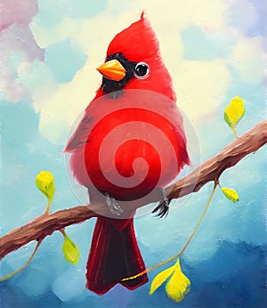 Portrait of red cardinal bird on a branch with yellow leaves. Digital oil painting