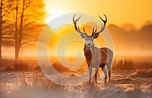 Portrait of a Red deer stag at sunrise in winter