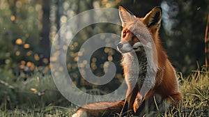 portrait of a red fox sitting on grass in the heart of a forest
