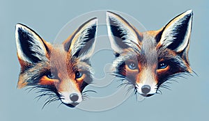 Portrait of red fox, vulpes pair, animal illustration