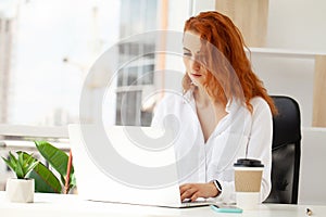 Portrait red-haired beautiful woman working in the office.