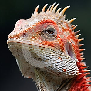 Portrait of a red iguana, close-up, on a dark background