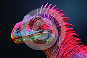 Portrait of a red iguana on a dark background,  Close-up