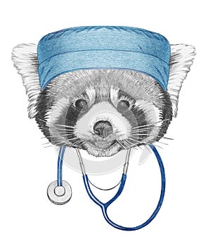 Portrait of Red Panda with doctor cap and stethoscope. Hand-drawn illustration.