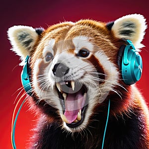 Portrait of a red panda with headphones on a colorful background. DJ, neon light, background, disco style atmosphere, disco art