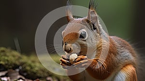 Portrait of Red Squirrel eating hazelnut