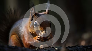 Portrait of Red Squirrel eating hazelnut