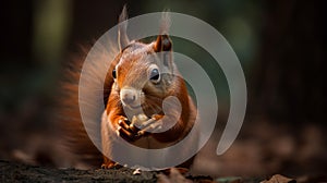 Portrait of Red Squirrel eating hazelnut