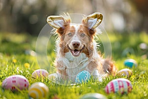 Portrait of a red and white border collie dog with easter eggs