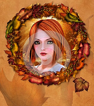 Portrait of redhead girl adorned with autumn wreath