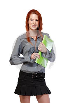 Portrait of a redhead woman with portfolio