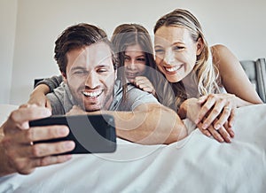 Portrait, relax or parents take a selfie with a girl as a happy family in house bedroom bonding in Berlin. Mother
