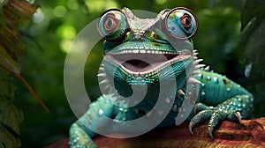 portrait reptile green glasses iguana scale lizard close-up wildlife animal. Generative AI.