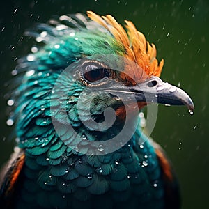 Portrait of the resplendent quetzal (Pharomachrus mocinno) with rain drops