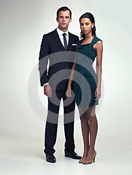 Portrait, retro or couple in formal fashion in studio or confidence in vintage style in mock up. Face, confident or