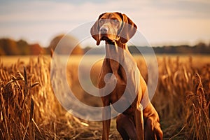 Portrait of a Rhodesian Ridgeback dog in the field, Hungarian hound pointer vizsla dog in autumn time in the field, AI Generated