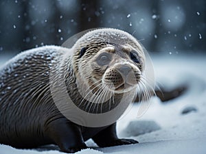 Portrait of ringed Seal in the forest in winter with falling snow