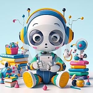 portrait of a robot child in headphones with a smartphone sitting among toys