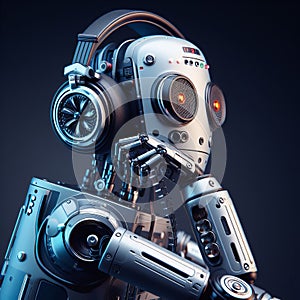 portrait of a robot in headphones on a dark blue background