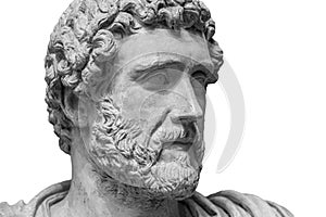 Portrait of Roman emperor Antoninus Pius  on a white background. Old beard man sculpture